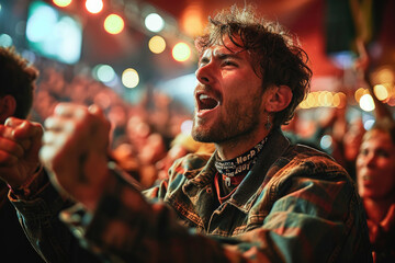 Vibrant image of an excited young man cheering at a live music concert among a crowd of fans. - obrazy, fototapety, plakaty