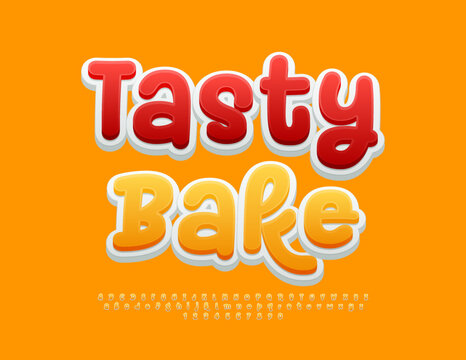 Vector bright Logo Tasty Bake. Funny handwritten Font. Artistic Alphabet Letters and Numbers set.