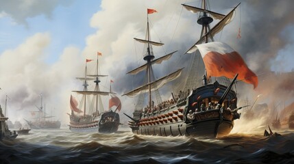 Epic Naval Battle Scene with Sailing Ships and Explosive Cannon Fire