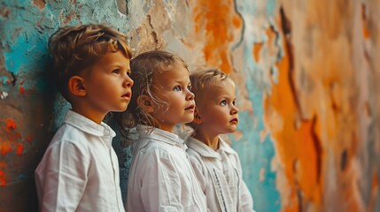Three adorable little children dressed in white shirts standing behind a wall - obrazy, fototapety, plakaty
