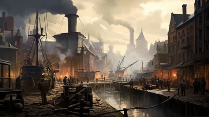 Atmospheric Industrial Revolution Era Port with Smokestacks - obrazy, fototapety, plakaty