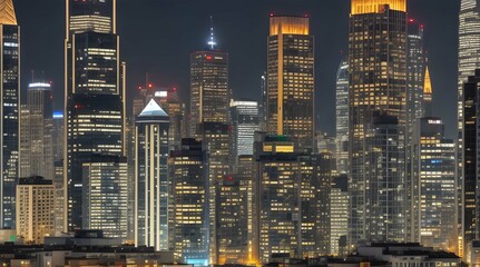 Discover the dazzling city skyline at night, a modern urban panorama of illuminated skyscrapers along the river, epitomizing the vibrancy of metropolitan life.