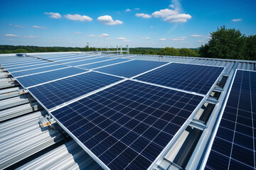 View of modern photovoltaic solar panels to charge battery. Rows of sustainable energy solar panels set up on the farmland. Green energy and environment ecology concept.