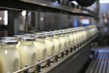 Filling milk or yogurt into plastic bottles at a modern dairy plant with state of the art equipment