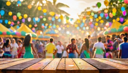 base mesa de madeira com fundo colorido festa, carnaval, alegria, pessoas, dança - obrazy, fototapety, plakaty