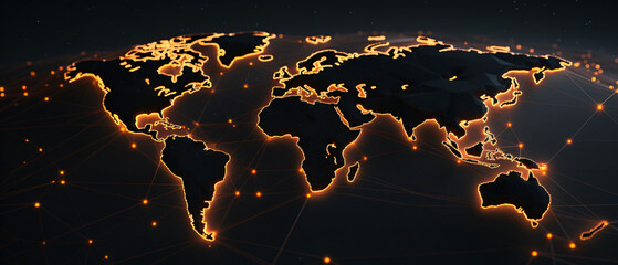 Dark atmosphere envelopes 3D world map with network - obrazy, fototapety, plakaty