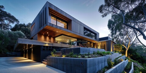 Contemporary Australian Home: Dusk Lighting Highlights Angled Facades and Luxury Design