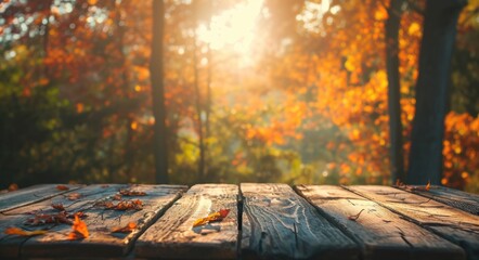 Naklejka na ściany i meble Modern Luxury: Empty Wood Table in Sunlit Autumn Forest Interior