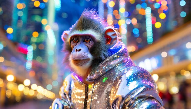 macaco com roupa prateada em uma cidade futurista brilhante e colorida