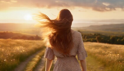 mulher jovem bonita observando as montanhas a natureza com cabelos ao vento - obrazy, fototapety, plakaty