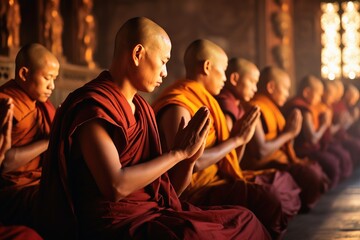 Many monks in robes pray in a temple. - obrazy, fototapety, plakaty
