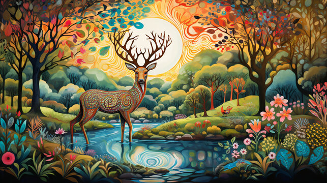 Decorative colorful picture with a deer