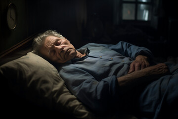 elderly man sleeping on bed in dark room, blurred background