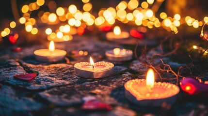 candle.A lit Valentine's Day candle.Lifestyle aesthetic photo, star filter. Valentine's Day, love concept, romance meeting.