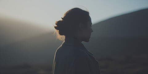 Woman with hair in a bun, gazing toward a radiant horizon at sunrise