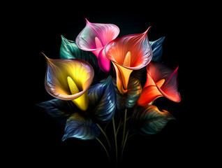 Colorful glowing calla flowers against black background. Summer bloom idea. Flowers modern design. Creative abstract concept with copy space.
