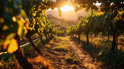morning vineyard landscape, rows of grapevines, sunrise over vines - obrazy, fototapety, plakaty