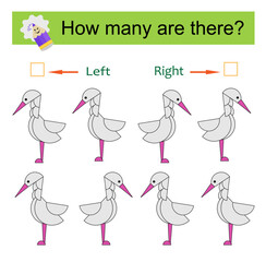 Left or Right. Educational game for kids. Count how many herons are turned left and how many are turned right.