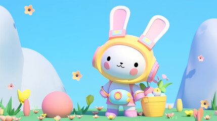 3D anime kawaii astronaut easter bunny with cute basket with eggs in a sunny green park with clear blue sky
