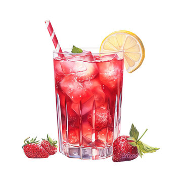 Glass of red liquid with a straw and a strawberries. AI generated image