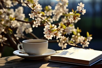 Naklejka na ściany i meble Relaxing and rejuvenating spring ambiance with a white coffee cup and a book on a table