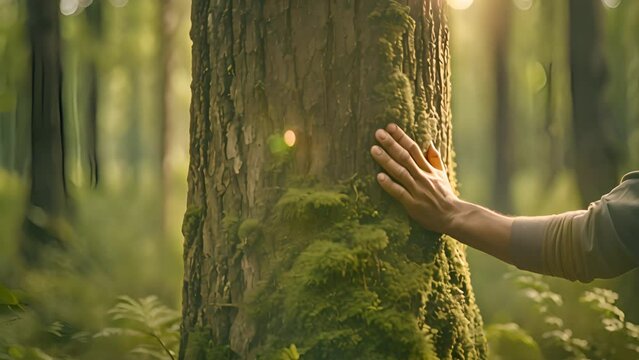 hand touch the tree trunk. Embracing nature,ecology a energy forest nature concept. a man's hand touches a pine tree trunk close-up glare in green forest with sunlight. hand tree touch trunk. bark woo