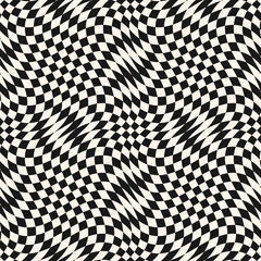 Vector seamless pattern with optical illusion effect. Simple abstract background with distorted checkered black and white grid. Op art texture. Deformed surface. Groovy retro vintage repeat design