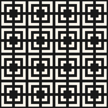 Seamless abstract geometric pattern with interlocking black squares and grid lines on a white background. Simple vector texture. Monochrome ornament with lattice, net, mesh. Repeated geo design