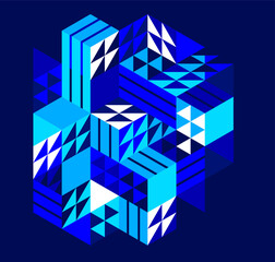 Dark blue vector abstract geometric background with cubes and different rhythmic shapes, isometric 3D abstraction art displaying city buildings forms look like, op art.