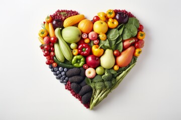 colorful heart shaped arrangement of fresh fruits and vegetables on white background   top view