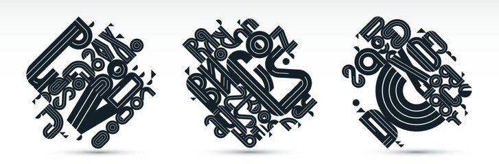 Abstract geometric composition vector designs set, black and white abstraction isolated on white, modern style shapes illustration art collection.