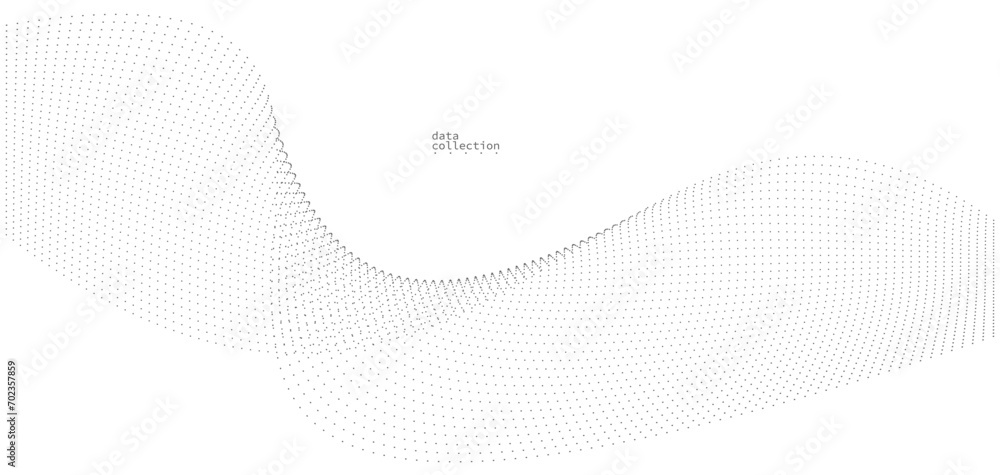 Poster light grey abstract background, vector wave of flowing particles, curvy lines of dots in motion, tec