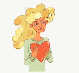 Cute and nice drawing of a young woman holding a big heart, vector illustration.