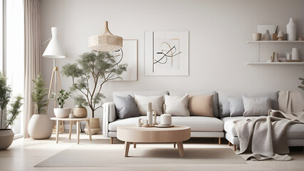 Scandinavian Living Room Background. Contemporary Interior Design. Generated Ai.