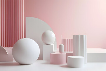 The background is pink and white with three-dimensional shapes