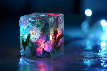 an ice cube with flowers inside on a soft background with a side. blue light