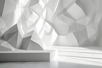 white background space interior with three-dimensional geometric shapes