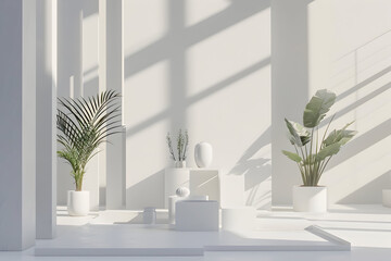 white background space interior with three-dimensional geometric shapes and green plants