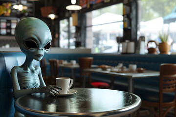  alien seat in the cafe on the table with coffee. soft cafe background - obrazy, fototapety, plakaty