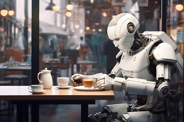 A white robot in a cafe with a cup coffee
