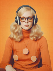 Blonde young woman in the 70s with orange clothes and headphones, Generative AI - 702358679