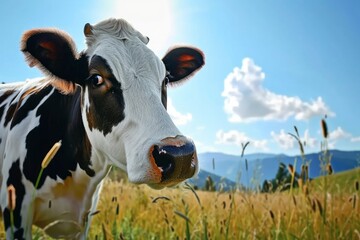 Funny cow looks into the camera in a field with Alps on the background
