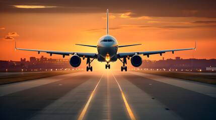 A large aircraft taking off from an airport runway at sunset or dawn with the landing gear down and...
