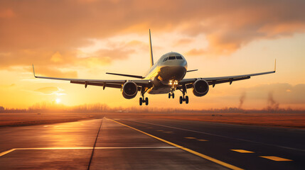 Fototapeta na wymiar Aircraft or airplane taking off or landing from the runaway in the sunset . Golden hour photo