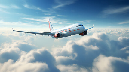 Airplane flies in the sky above the clouds