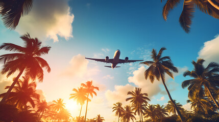 Airplane flying above palm trees in sunset sky with sun rays. Concept of traveling, vacation and travel by air transport - Powered by Adobe