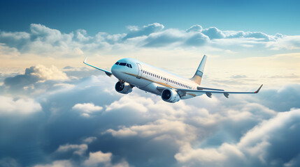 Fototapeta na wymiar Airplane flying in the sky above the clouds