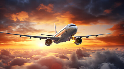 Fototapeta na wymiar Airplane flying above the clouds at sunset or sunrise in the sky