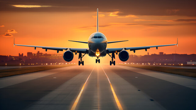 A large aircraft taking off from an airport runway at sunset or dawn with the landing gear down and the landing gear down, as the plane is about to take off © Trendy Graphics
