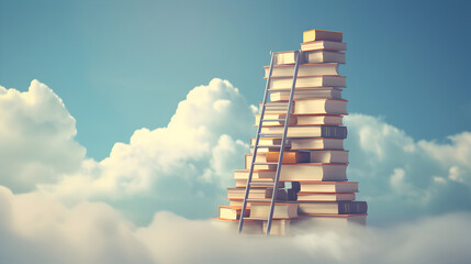 Book stack with ladder towards the sky and clouds background, Education and growth concept - obrazy, fototapety, plakaty